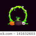Halloween holiday photo frame with green slime, bones and eyeballs. Cartoon creepy bubbling cauldron with a witch hand emerging. Vector frame with pumpkin and skull for spooky photo edits, invite 141632603