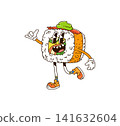 Cartoon funny groovy Japanese sushi and roll character. Lively sushi roll with rice, salmon, shrimp, cucumber, and runs in orange sneakers. Funky vector personage with wasabi for restaurant and cafe 141632604