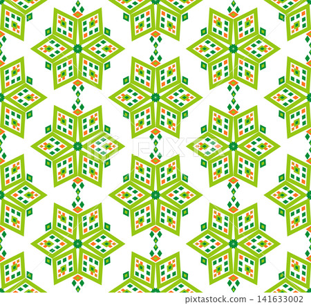 Holiday seamless pattern. Winter pattern of green orange snowflakes on transparent background Holiday seamless pattern. Winter pattern of green orange snowflakes on transparent background 141633002