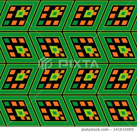 Geometrical seamless pattern from rhombuses. Dark bright background. Green orange motifs on black Geometrical seamless pattern from rhombuses. Dark bright background. Green orange motifs on black 141633003
