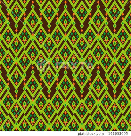 Geometric ethnic seamless pattern. Mosaic ornament. Green orange motifs on dark brown background Geometric ethnic seamless pattern. Mosaic ornament. Green orange motifs on dark brown background 141633005