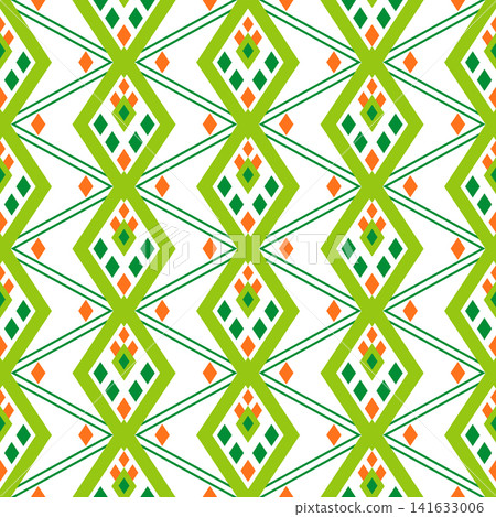 Geometry ethnic seamless pattern. Mosaic ornament of rhombuses. Green orange on white background Geometry ethnic seamless pattern. Mosaic ornament of rhombuses. Green orange on white background 141633006