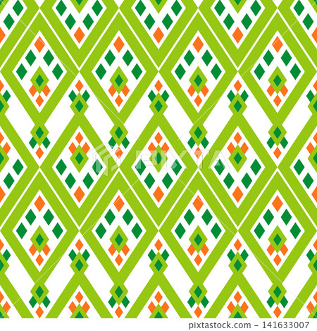 Geometric ethnic seamless pattern. Ornament of rhombuses. Green orange motifs on white background Geometric ethnic seamless pattern. Ornament of rhombuses. Green orange motifs on white background 141633007