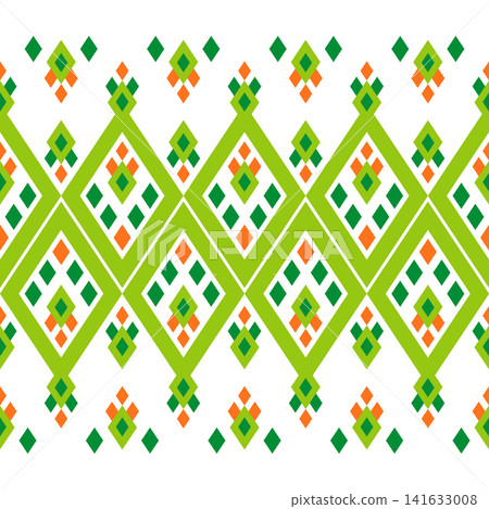 Geometric folk seamless border Mosaic ornament of rhombuses. Bright green orange on white background Geometric folk seamless border Mosaic ornament of rhombuses. Bright green orange on white background 141633008