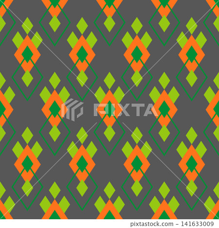 Geometric seamless pattern. Mosaic ornament of rhombuses Green orange motifs on dark gray background Geometric seamless pattern. Mosaic ornament of rhombuses Green orange motifs on dark gray background 141633009