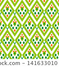Geometric ethnic seamless pattern. Ornament of rhombuses. Green orange motifs on white background 141633010