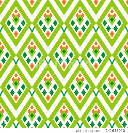 Geometric ethnic seamless pattern. Ornament of rhombuses. Green orange motifs on white background Geometric ethnic seamless pattern. Ornament of rhombuses. Green orange motifs on white background 141633010