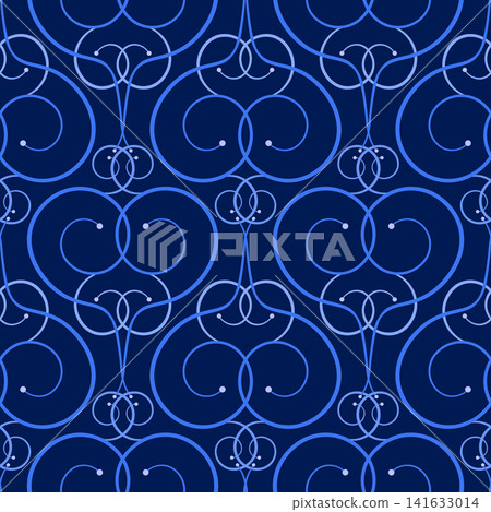 Blue intricate swirls on dark blue background. Seamless pattern of flourish. Vintage style curly ornament for winter decor Blue intricate swirls on dark blue background. Seamless pattern of flourish. Vintage style curly ornament for winter decor 141633014