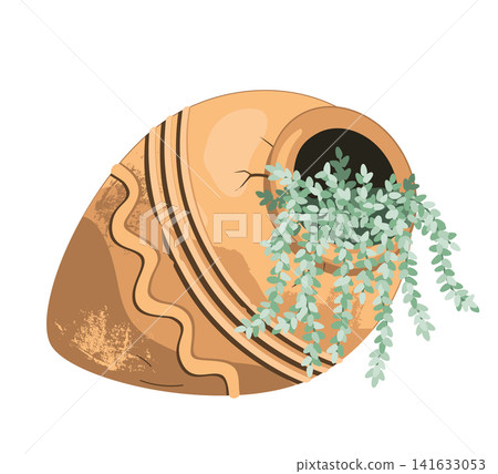 The old amphora with green succulent isolated drawing. Garden design element, vector illustration. The old amphora with green succulent isolated drawing. Garden design element, vector illustration. 141633053