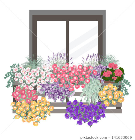Beautiful flower garden in the balcony. Blooming balcony arrangement design. Vector isolated illustration Beautiful flower garden in the balcony. Blooming balcony arrangement design. Vector isolated illustration 141633069