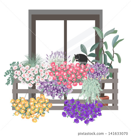 Beautiful flower garden in the balcony. Blooming balcony arrangement design. Vector isolated illustration. Beautiful flower garden in the balcony. Blooming balcony arrangement design. Vector isolated illustration. 141633070
