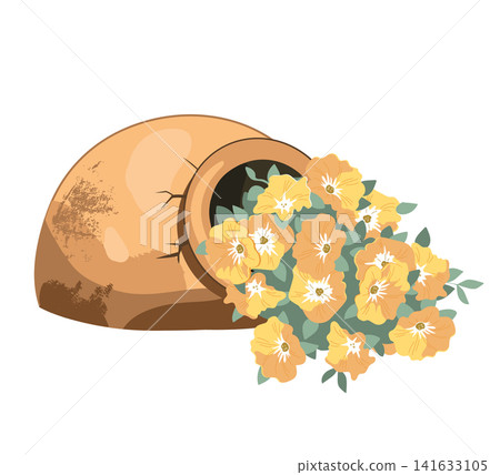 The broken amphora with petunia flowers isolated drawing. Garden design element, vector illustration. The broken amphora with petunia flowers isolated drawing. Garden design element, vector illustration. 141633105