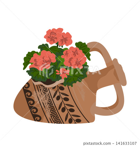 Geranium flowers Potted in the Broken amphora isolated on a white background. Vector illustration Geranium flowers Potted in the Broken amphora isolated on a white background. Vector illustration 141633107
