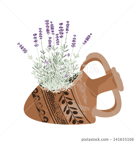 Lavender flowers Potted in the Broken amphora isolated on a white background. Vector illustration. Lavender flowers Potted in the Broken amphora isolated on a white background. Vector illustration. 141633108