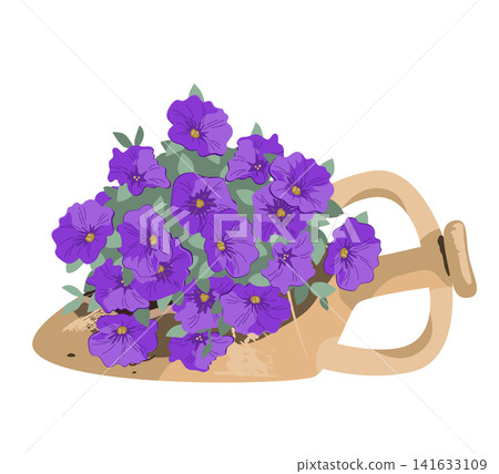 Purple petunia flowers Potted in the Broken amphora isolated on a white background. Vector illustration Purple petunia flowers Potted in the Broken amphora isolated on a white background. Vector illustration 141633109
