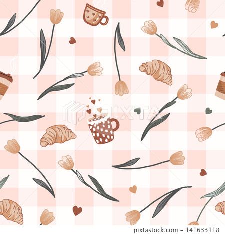 Cute breakfast cartoon Gingham seamless pattern with a bouquet of tulips, coffee, and croissants on a checkered background. 141633118