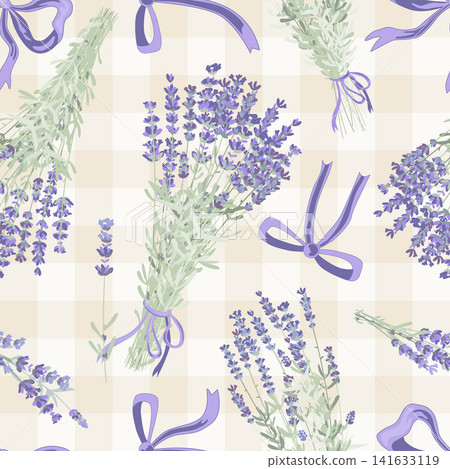 Lavender flowers bouquet and bows seamless pattern. Hand drawn vector illustration Lavender flowers bouquet and bows seamless pattern. Hand drawn vector illustration 141633119