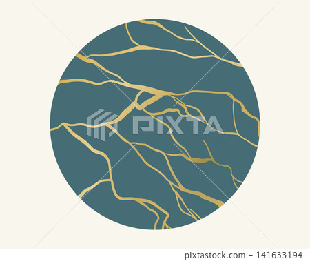 Abstract blue marble background with gold kintsugi cracks, elegant vector design inspired by Japanese ceramic repair. 141633194