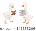 Cute goose reading book. Watercolour isolated bird with stack illustration on white background for kids, hand painted forest animal 141633206