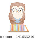 Cute watercolour owl with glasses reading on books stack. Childish illustration isolated on white background, woodland bird character for kids 141633210