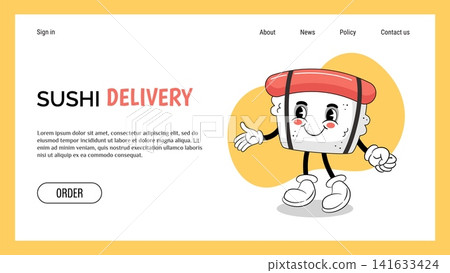 Sushi delivery landing page. Kawaii food character. Dinner order in cafe. Salmon fish and rice sashimi. Website design template. Japanese seafood mascot smile face. Online service vector background Sushi delivery landing page. Kawaii food character. Dinner order in cafe. Salmon fish and rice sashimi. Website design template. Japanese seafood mascot smile face. Online service vector background 141633424