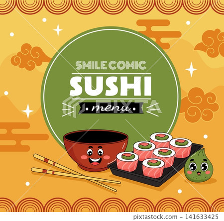 Sushi banner. Asian restaurant menu. Cartoon characters smile. Japanese clouds. Kawaii seafood mascots. Delicious fish. Miso soup bowl with chopsticks. Happy wasabi. Vector cafe food frame card design 141633425