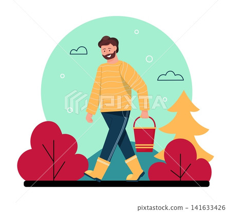 Man walking in autumn forest. Male character picking mushrooms. Autumnal season trees. Young guy holding bucket. Outdoor leisure. Relaxation in nature. Travel hobby. Woodland hiking. Vector concept Man walking in autumn forest. Male character picking mushrooms. Autumnal season trees. Young guy holding bucket. Outdoor leisure. Relaxation in nature. Travel hobby. Woodland hiking. Vector concept 141633426