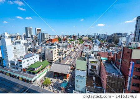 The Asakusa cityscape overlooking Kaminarimon Gate and Nakamise Street. The Asakusa cityscape overlooking Kaminarimon Gate and Nakamise Street. 141633468