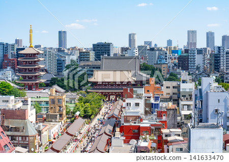 A view of the five-story pagoda and Hozomon Gate of Senso-ji Temple in downtown Tokyo. A view of the five-story pagoda and Hozomon Gate of Senso-ji Temple in downtown Tokyo. 141633470