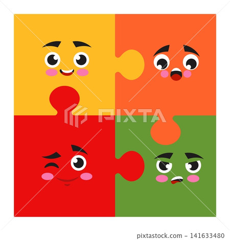 Abstract puzzles. Emotion expression. Happy or angry faces. Surprised emoticon. Jigsaw connection. Cartoon emoji. Joy and happiness. Comic smiles. Parts join. Emotional feelings. Vector color banner 141633480