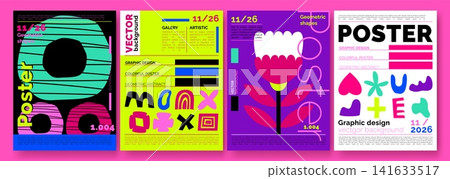 Poster vibrant. Typography colorful. Bauhaus creative cover. Shape modern for music pattern. Print Matisse with minimal floral geometry contemporary graphic. Vector garish design vertical posters Poster vibrant. Typography colorful. Bauhaus creative cover. Shape modern for music pattern. Print Matisse with minimal floral geometry contemporary graphic. Vector garish design vertical posters 141633517