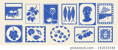 Greek sticker. Mediterranean logo. Summer vacation in Greece card. Postcard stamp. Ancient statue, car on sea. Icon of sardine, olives. Vector garish print flat style isolated monochrome illustration Greek sticker. Mediterranean logo. Summer vacation in Greece card. Postcard stamp. Ancient statue, car on sea. Icon of sardine, olives. Vector garish print flat style isolated monochrome illustration 141633548