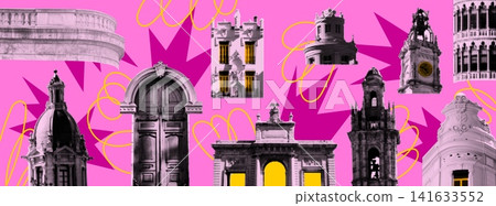 Architecture halftone. Building pop art. Home collage from zine. Acid scrapbook halftone elements. Museum estate. Old house with arch. Dome roof. Doodle bright shapes. Vector garish retro city banner Architecture halftone. Building pop art. Home collage from zine. Acid scrapbook halftone elements. Museum estate. Old house with arch. Dome roof. Doodle bright shapes. Vector garish retro city banner 141633552