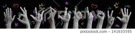 Hand grunge. Halftone arm. Retro sign, Y2K collage. Doodle element of crown, heart or star. Human finger, shape love. Sticker gesture. Vector icon pop garish art textured monochrome style isolated set Hand grunge. Halftone arm. Retro sign, Y2K collage. Doodle element of crown, heart or star. Human finger, shape love. Sticker gesture. Vector icon pop garish art textured monochrome style isolated set 141633595