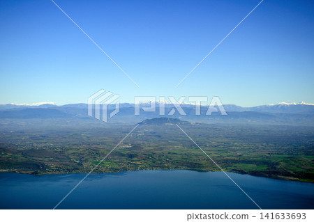 bracciano lake aerial view from airplane window bracciano lake aerial view from airplane window 141633693