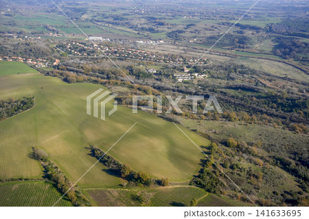 farmed fields near bracciano lake aerial view from airplane window farmed fields near bracciano lake aerial view from airplane window 141633695