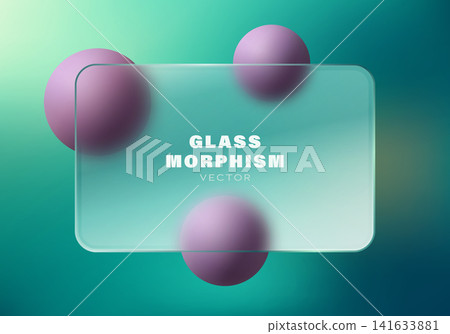 Modern glassmorphism vector template with transparent frosted glass panel, purple 3D spheres, and turquoise gradient background for web design. Modern glassmorphism vector template with transparent frosted glass panel, purple 3D spheres, and turquoise gradient background for web design. 141633881