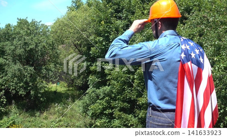 Construction worker and American flag 141633923