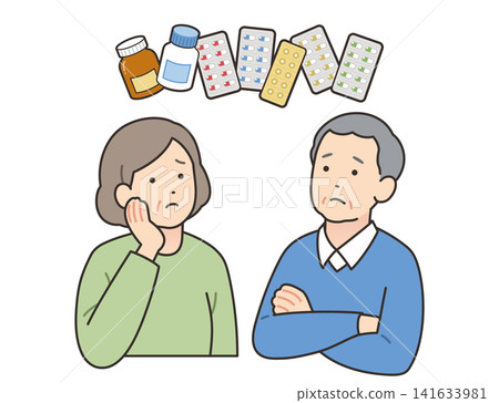 An illustration of an elderly person struggling with medication management. An illustration of an elderly person struggling with medication management. 141633981