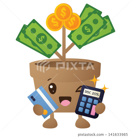 Cute plant character holds card and calculator 141633985