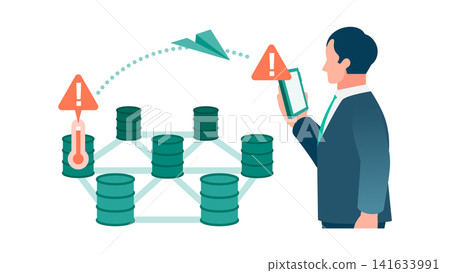 Industrial safety network illustration: Preventing accidents through IoT remote monitoring of drum clusters and smartphone notifications. Industrial safety network illustration: Preventing accidents through IoT remote monitoring of drum clusters and smartphone notifications. 141633991
