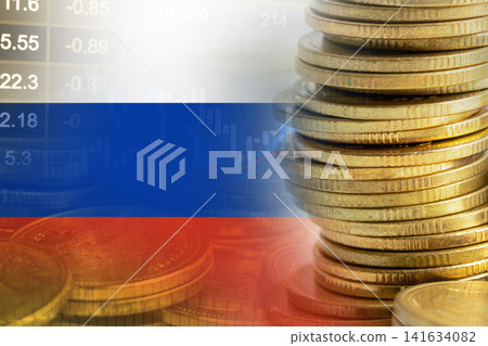 Stock market investment trading financial, coin and Russia flag or Forex for analyze profit finance business trend data background. Stock market investment trading financial, coin and Russia flag or Forex for analyze profit finance business trend data background. 141634082