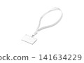 Blank white lanyard with name card mockup png, transparent background, 3d rendering. Empty nametag hanging on lace mock up cut out. Clear laminated id accessory for personal identification template. 141634229