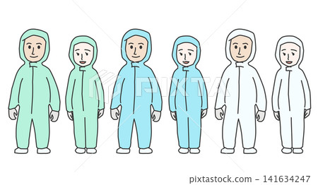 身穿防塵服在工廠和實驗室工作的男女插圖,3 種顏色,全身像。 身穿防塵服在工廠和實驗室工作的男女插圖,3 種顏色,全身像。 141634247