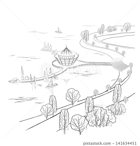 Vector linear landscape with quay and boats Vector linear landscape with quay and boats 141634451