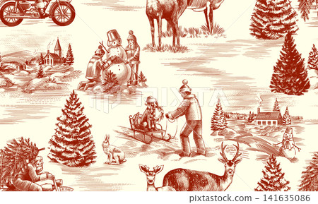 Christmas Toile De Jouy seamless pattern. Winter scenes with children nature and pines. Landscapes Christmas Toile De Jouy seamless pattern. Winter scenes with children nature and pines. Landscapes 141635086