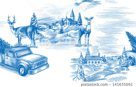 Christmas Toile De Jouy seamless pattern. Winter scenes with nature and pines. Winter snowy town and 141635091