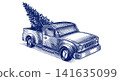 Christmas pick up truck delivery. Fully hand drawn engraving for holiday advertisement 141635099