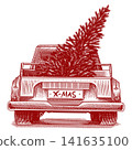 Christmas pick up truck delivery. Fully hand drawn engraving for holiday advertisement 141635100