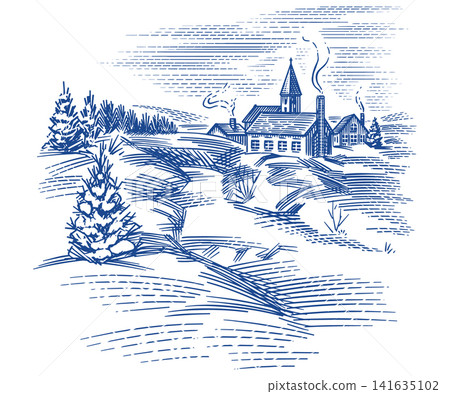 Winter small village or city landscape. Fully hand drawn scenery view with old church and frozen Winter small village or city landscape. Fully hand drawn scenery view with old church and frozen 141635102
